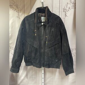 Ash Creek Trading Vintage Suede black with brown trim Bomber Jacket L
